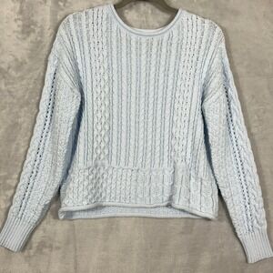 C&C California Womens Sky Blue Cable Knit Cotton Blend Crewneck Sweater M Comfy